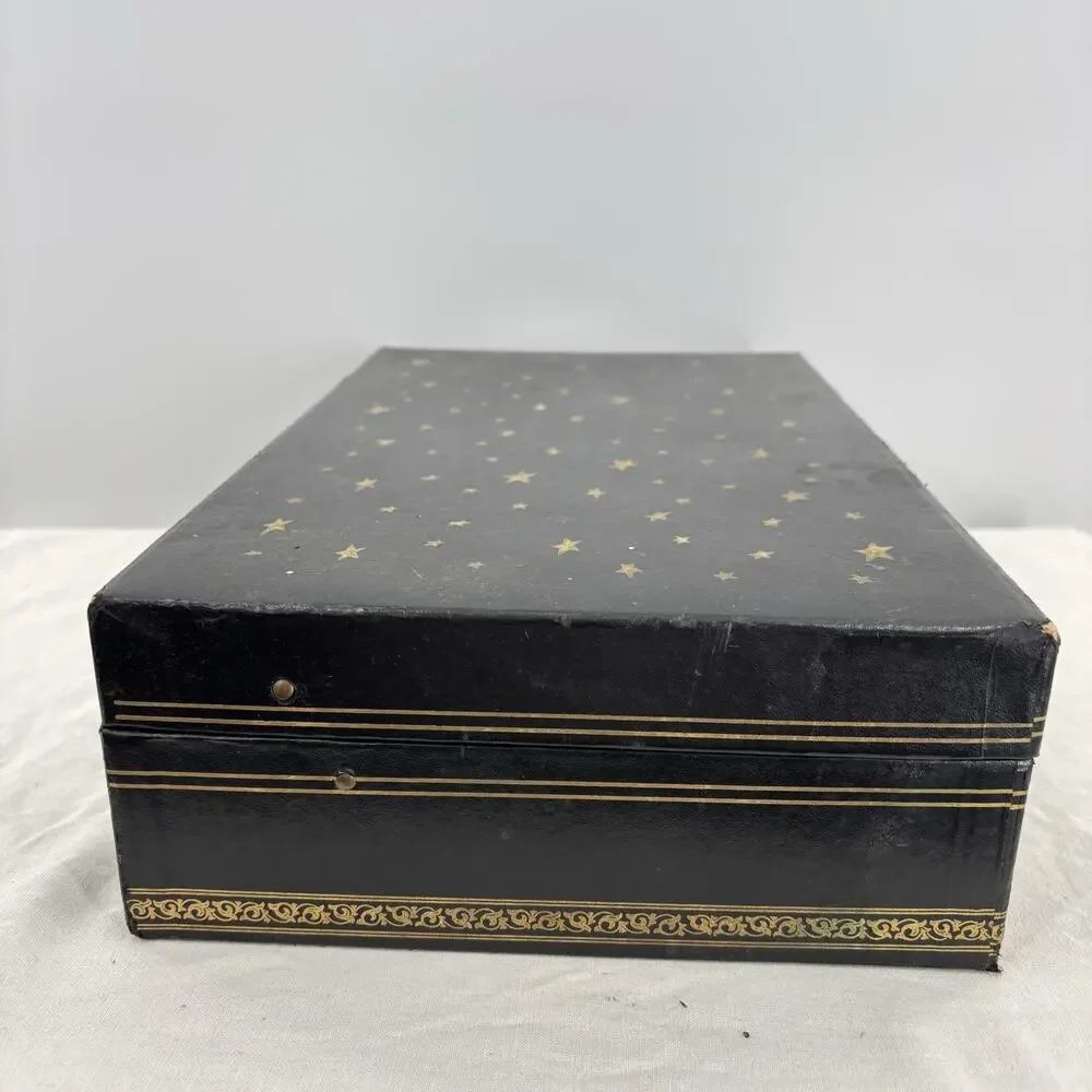 Vtg 2 Tier Jewelry Box Black Leathette Gold Stars Celestial 14x8.5